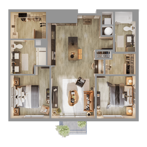 a 3d rendering of a floor plan of a house at Bemiston Place Apartments, Missouri, 63105